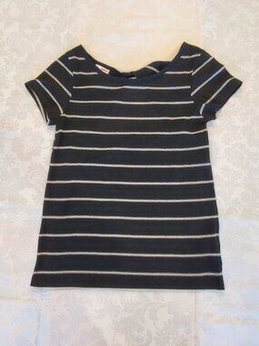 Bongo Sheer Black & White Short Sleeve Striped Blouse Large Junior Keyhole Back